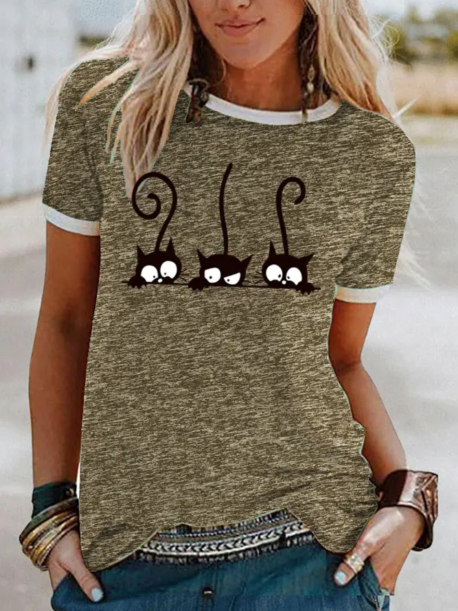 Women Pink Cat Print T-Shirt Short Sleeve - Image 4