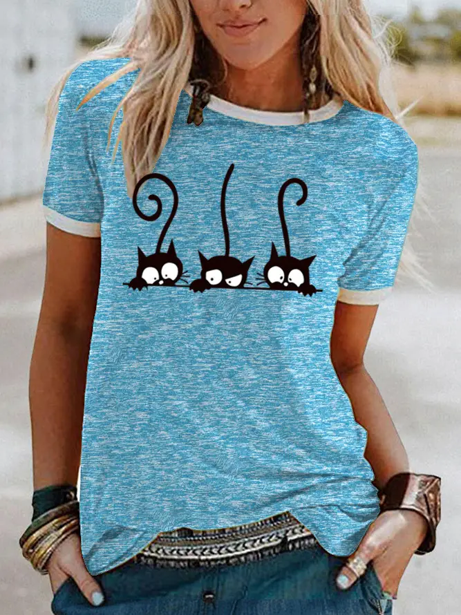 Women Pink Cat Print T-Shirt Short Sleeve - Image 2