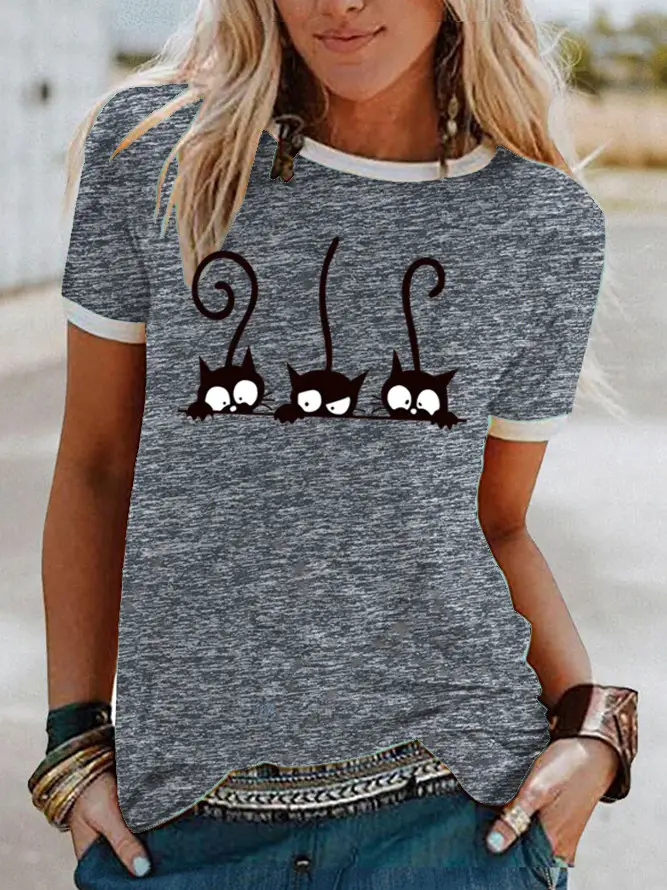 Women Pink Cat Print T-Shirt Short Sleeve - Image 5