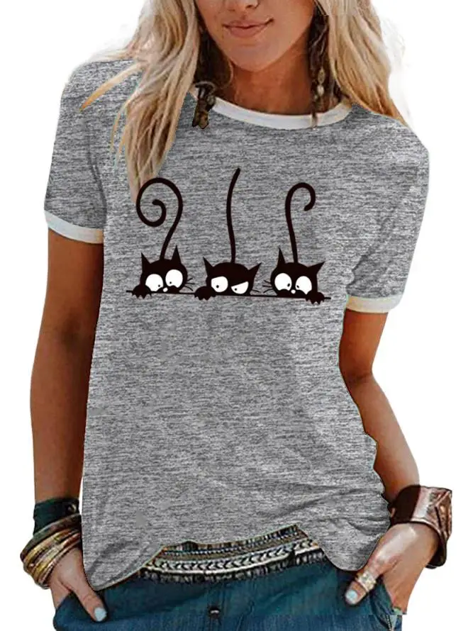 Women Pink Cat Print T-Shirt Short Sleeve - Image 11