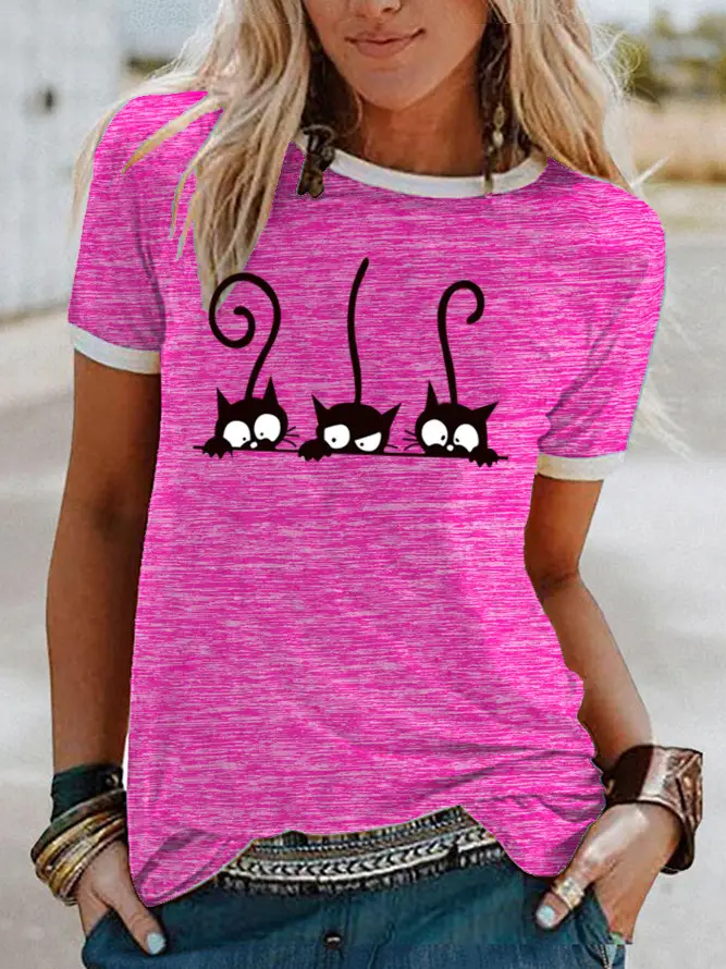 Women Pink Cat Print T-Shirt Short Sleeve - Image 3