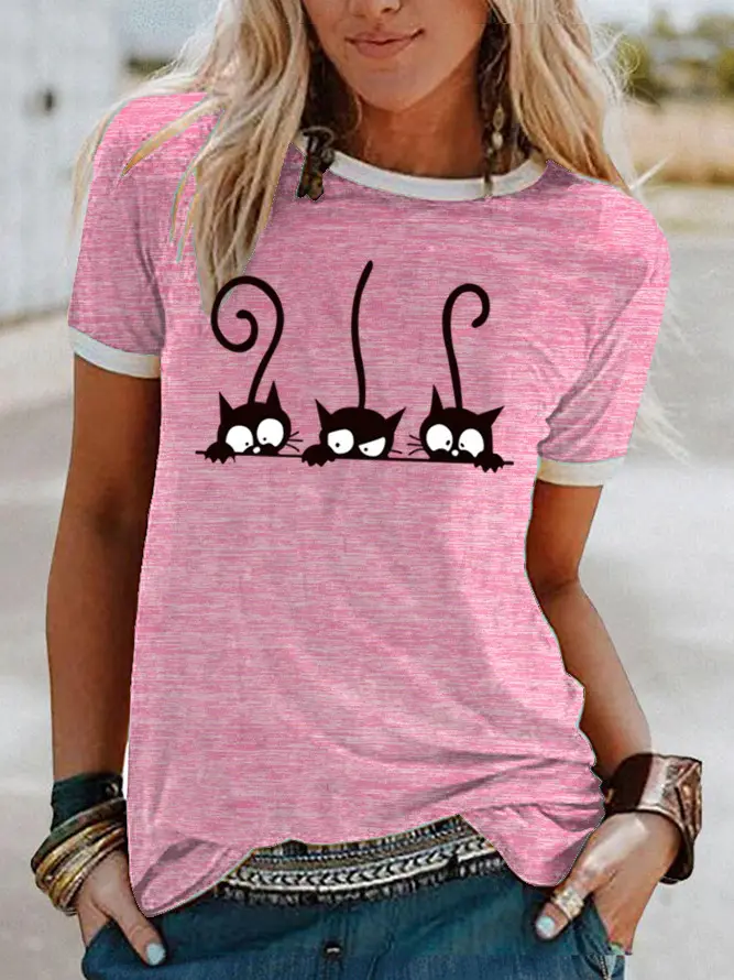 Women Pink Cat Print T-Shirt Short Sleeve - Image 9