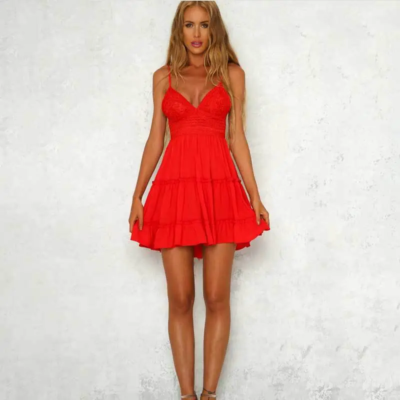 Red Lace Backless Dress for Women Mid-Skirt