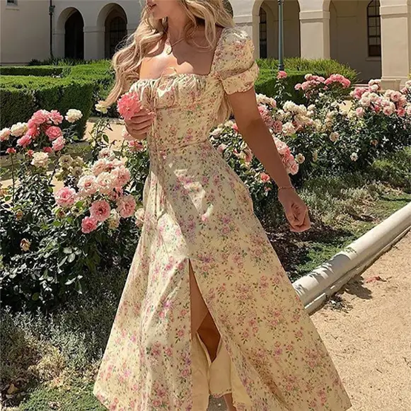 Blue Printed Backless Slit Dress for Women
