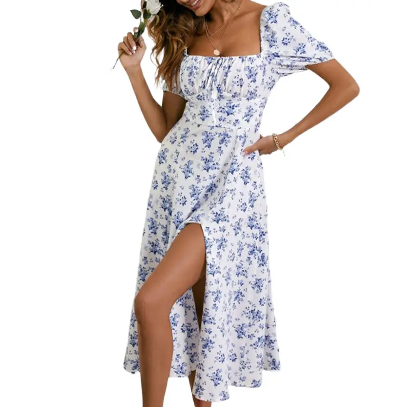 Blue Printed Backless Slit Dress for Women