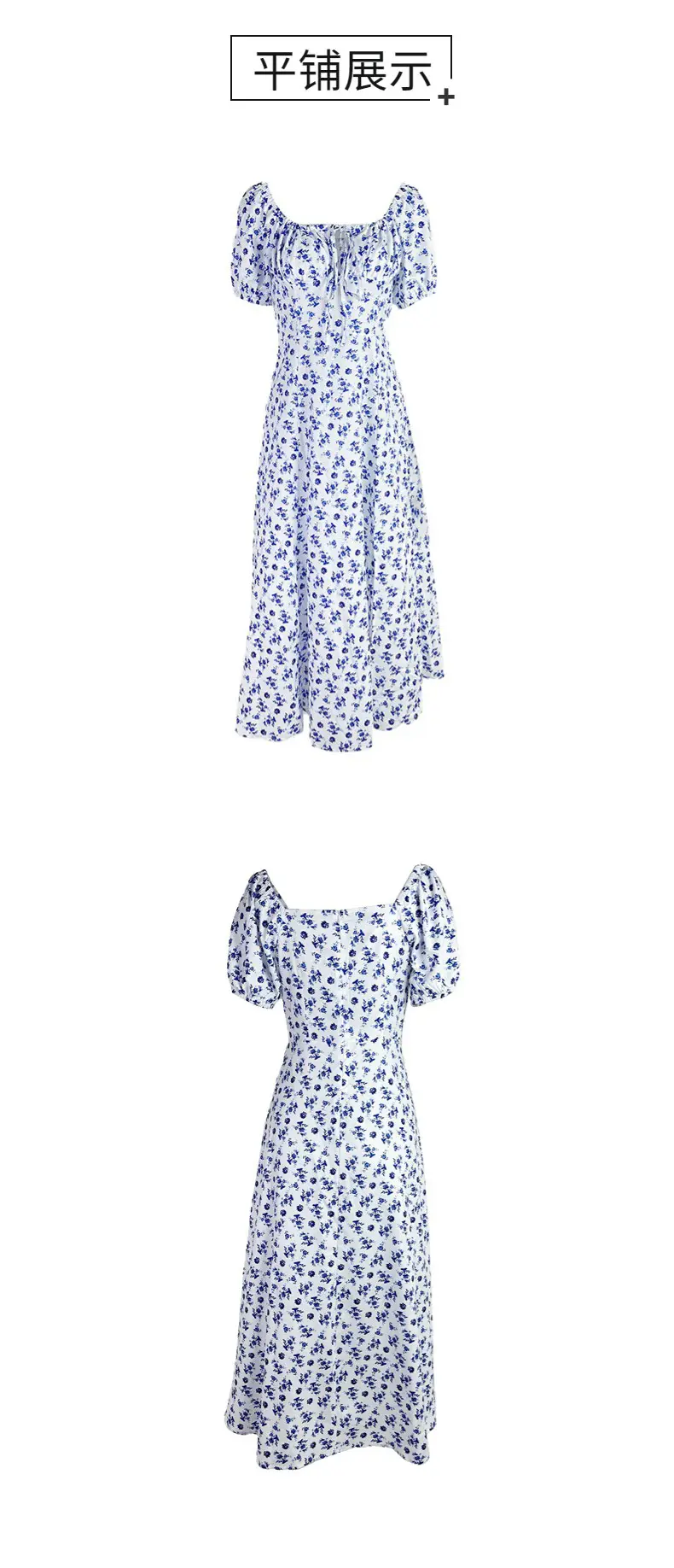 Blue Printed Backless Slit Dress for Women — feature 6