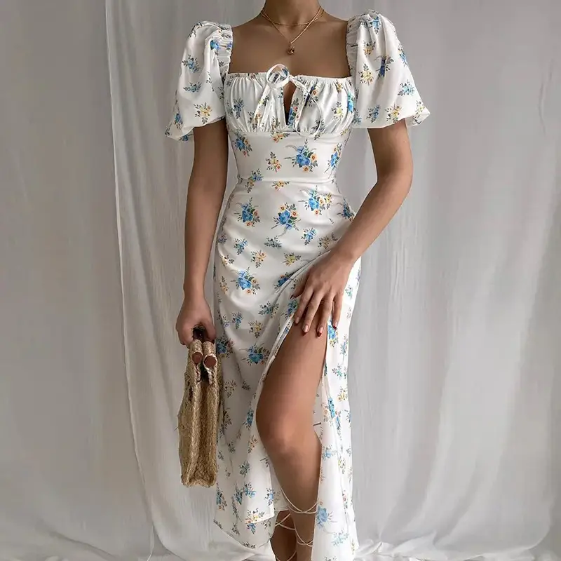 Blue Printed Backless Slit Dress for Women