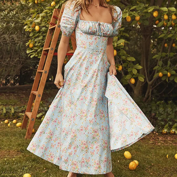 Blue Printed Backless Slit Dress for Women