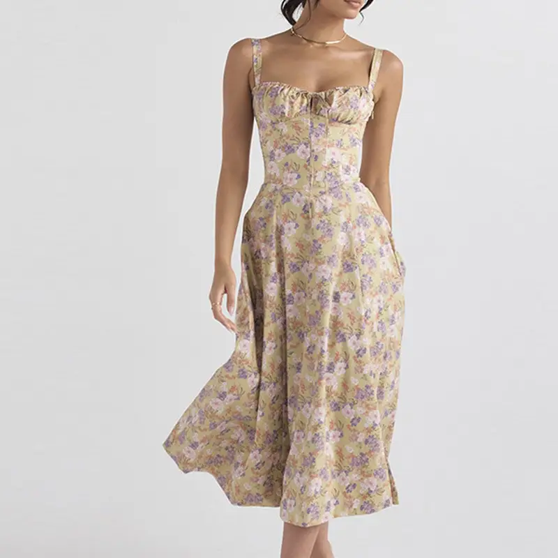 Blue Printed Backless Slit Dress for Women