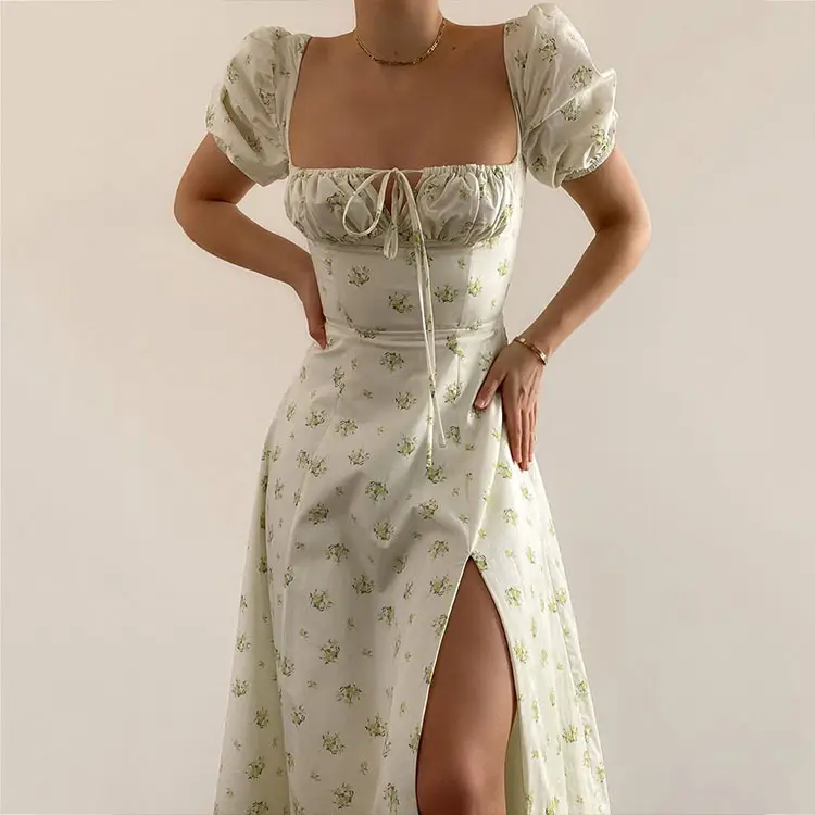 Blue Printed Backless Slit Dress for Women