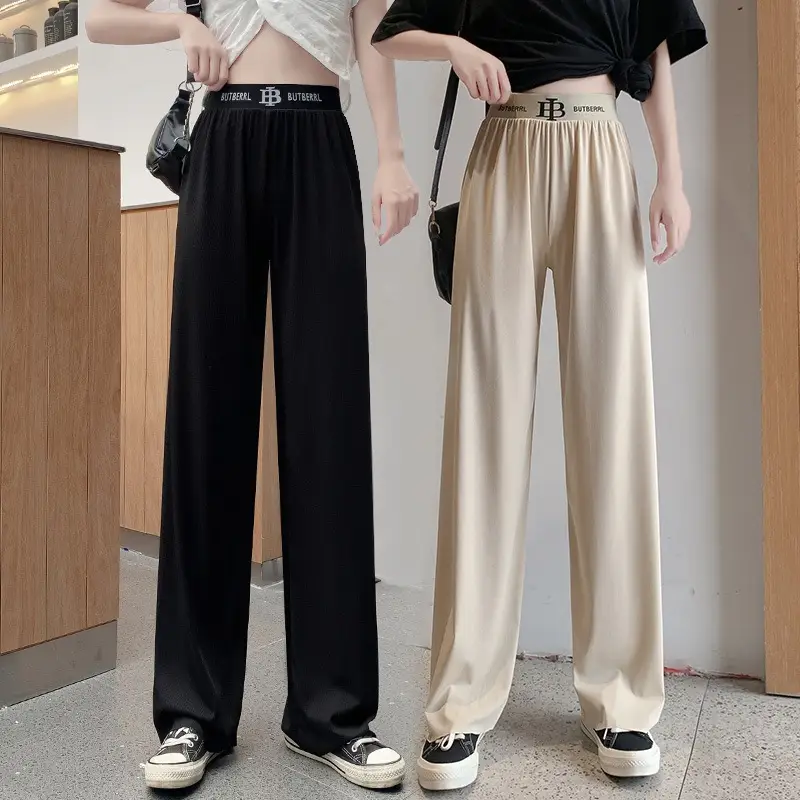 Women Ice Silk Wide Leg Pants Black Spring Summer - Image 7