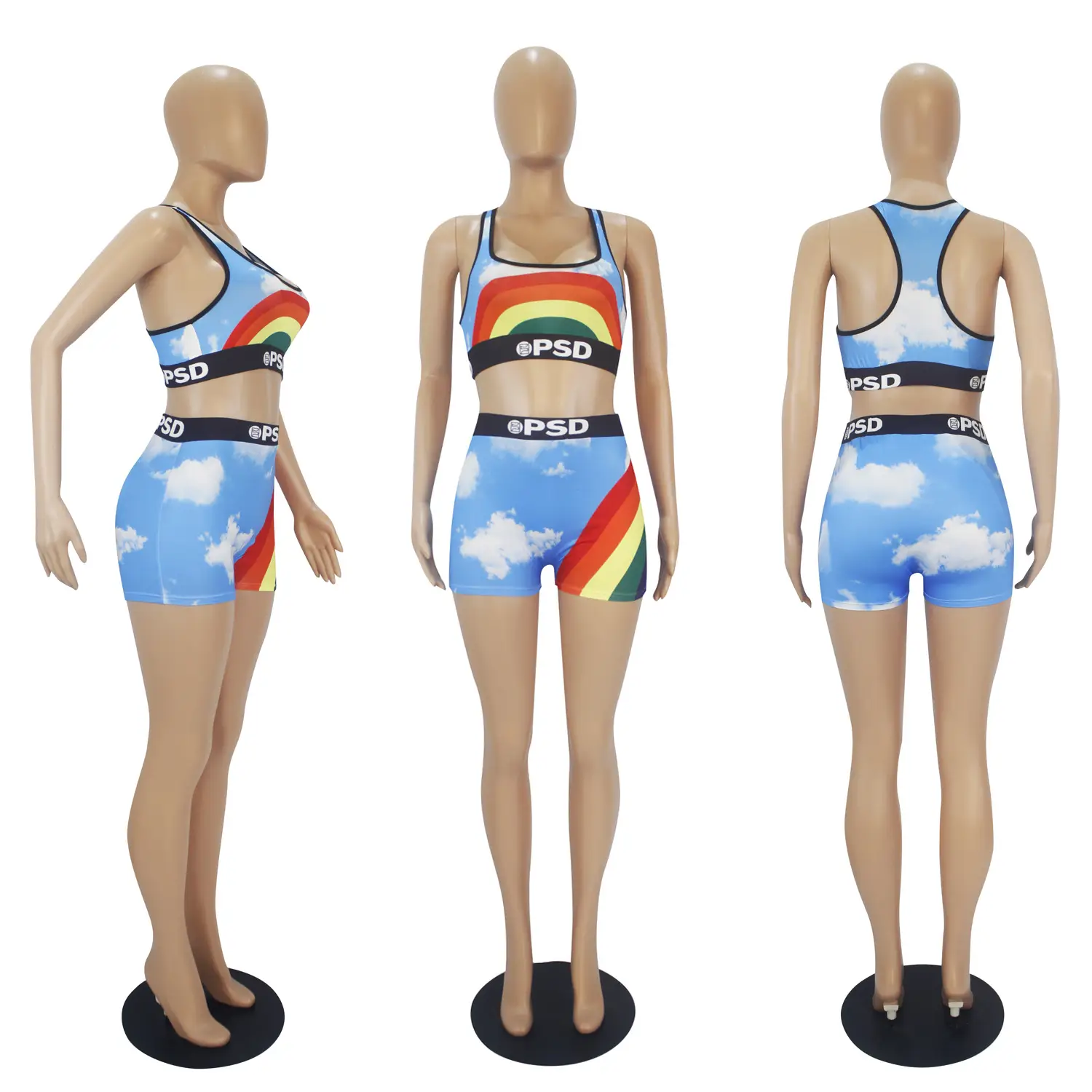 Rainbow Printed Sports Bra Shorts Set for Women