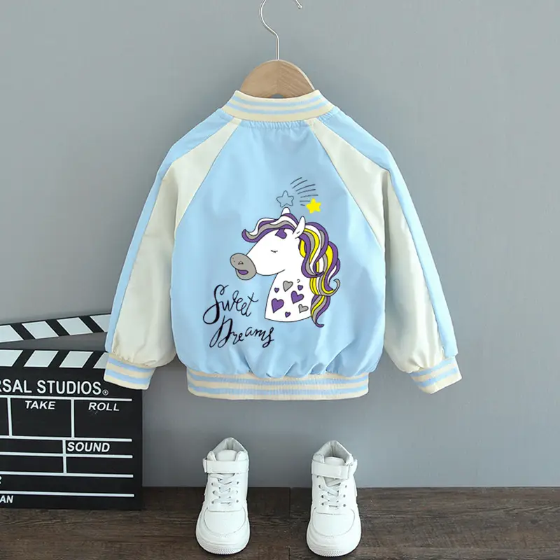 Girls' Unicorn Graphic Baseball Coat Blue White Large