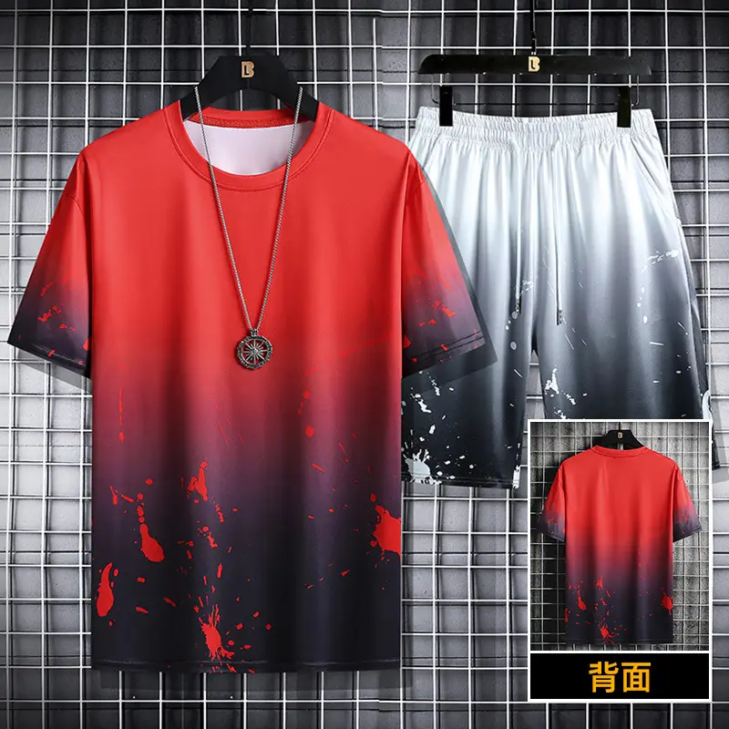 Men Gradient Print Summer Shorts Set Blue Grey - Image 5