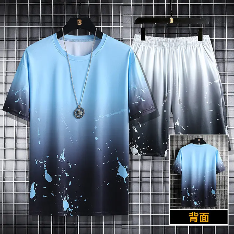 Men Gradient Print Summer Shorts Set Blue Grey - Image 6