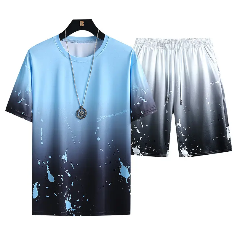Men Gradient Print Summer Shorts Set Blue Grey - Image 8