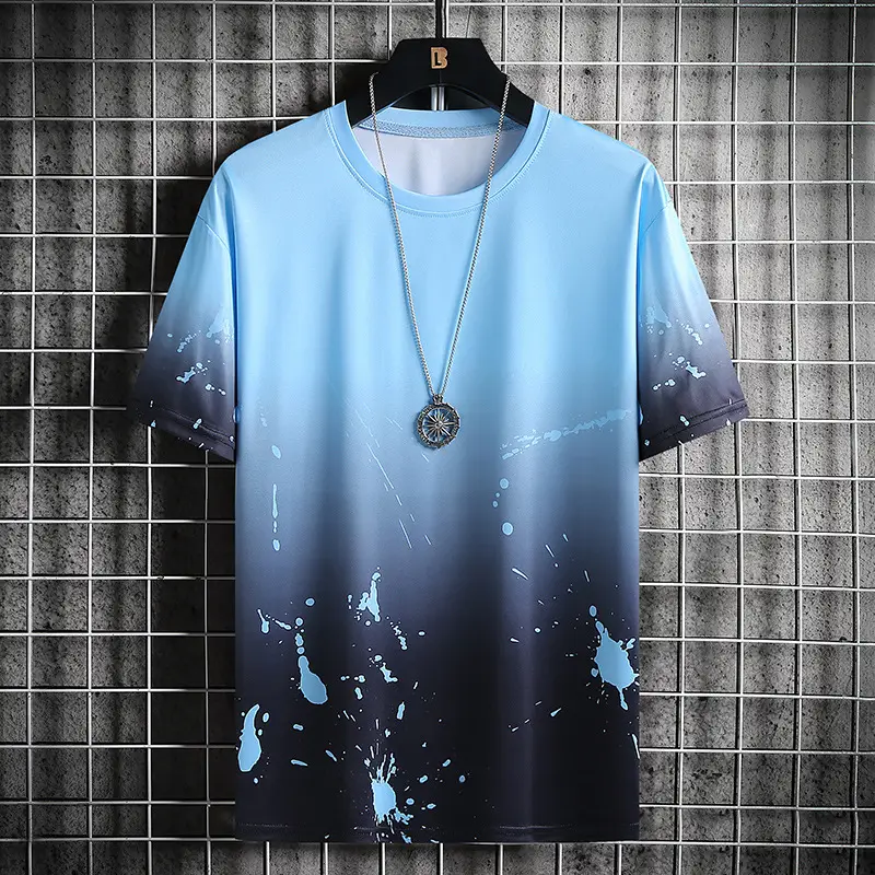 Men Gradient Print Summer Shorts Set Blue Grey - Image 3