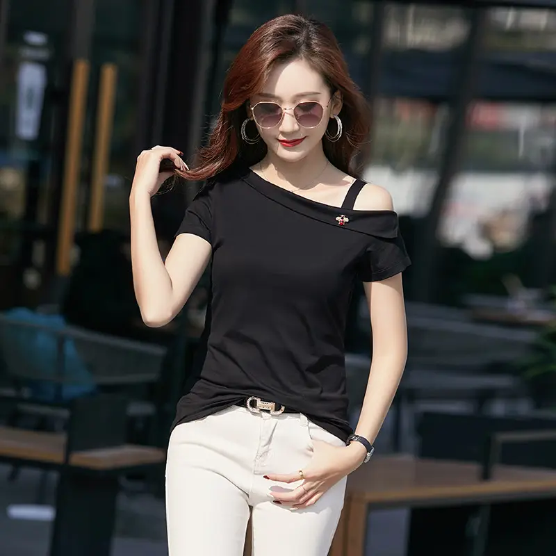 Women Black T-Shirt Short Sleeve Oblique Collar Bee Base - Image 7