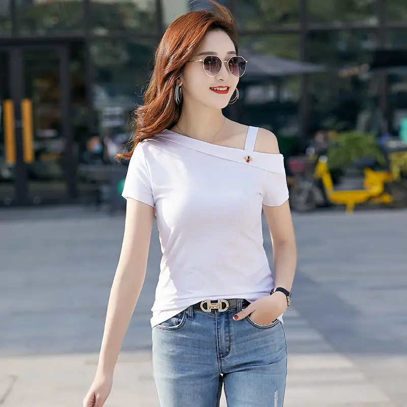 Women Black T-Shirt Short Sleeve Oblique Collar Bee Base - Image 8