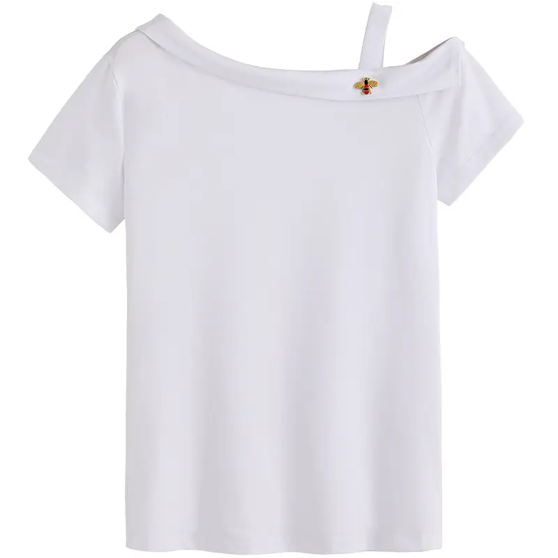 Women Black T-Shirt Short Sleeve Oblique Collar Bee Base - Image 9