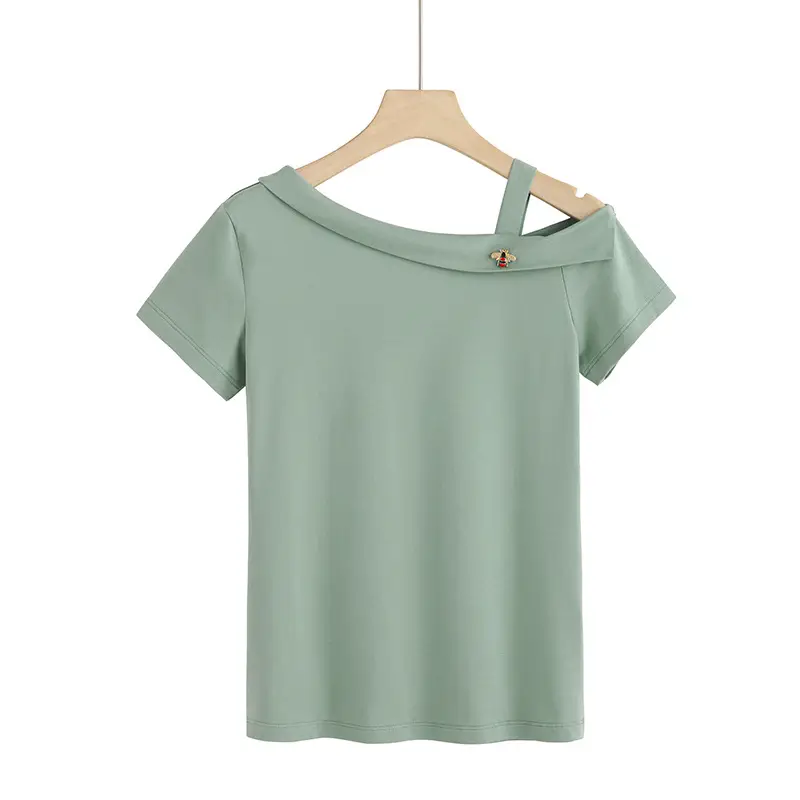Women Black T-Shirt Short Sleeve Oblique Collar Bee Base - Image 2