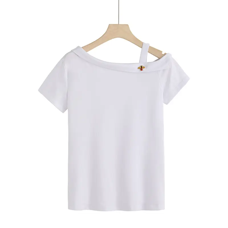 Women Black T-Shirt Short Sleeve Oblique Collar Bee Base - Image 3
