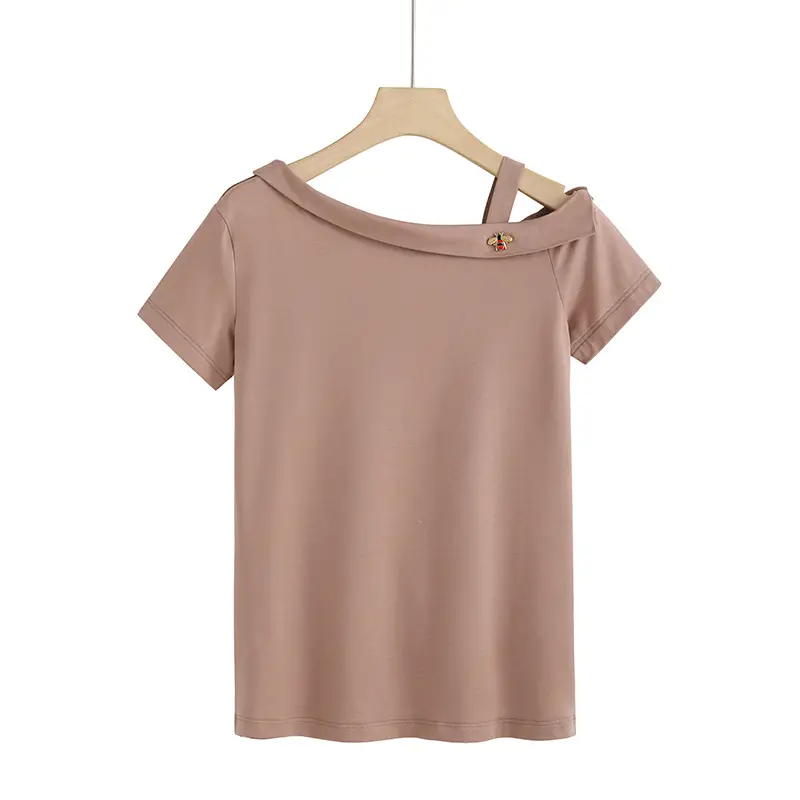 Women Black T-Shirt Short Sleeve Oblique Collar Bee Base - Image 4