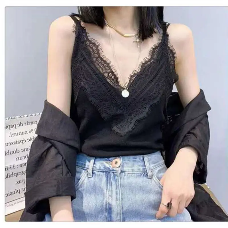 Black Lace Eyelash Backless Vest Base Shirt Sleeveless Top Elastic Ice Silk Knitted