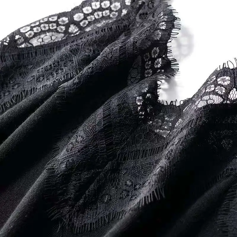 Black Lace Eyelash Backless Vest Base Shirt Sleeveless Top Elastic Ice Silk Knitted