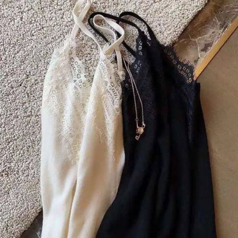 Black Lace Eyelash Backless Vest Base Shirt Sleeveless Top Elastic Ice Silk Knitted — feature 3