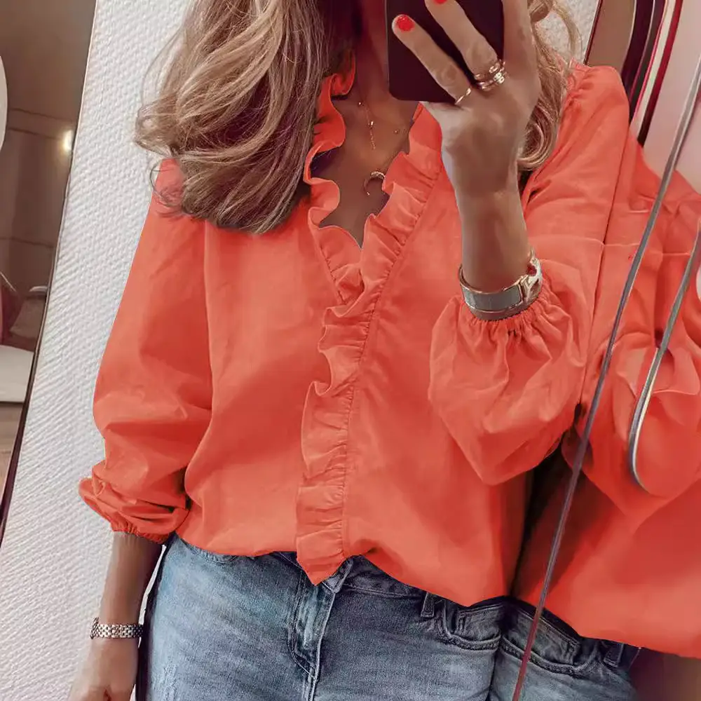 Women Ruffled Long Sleeve Pink Floral Shirt - Image 25