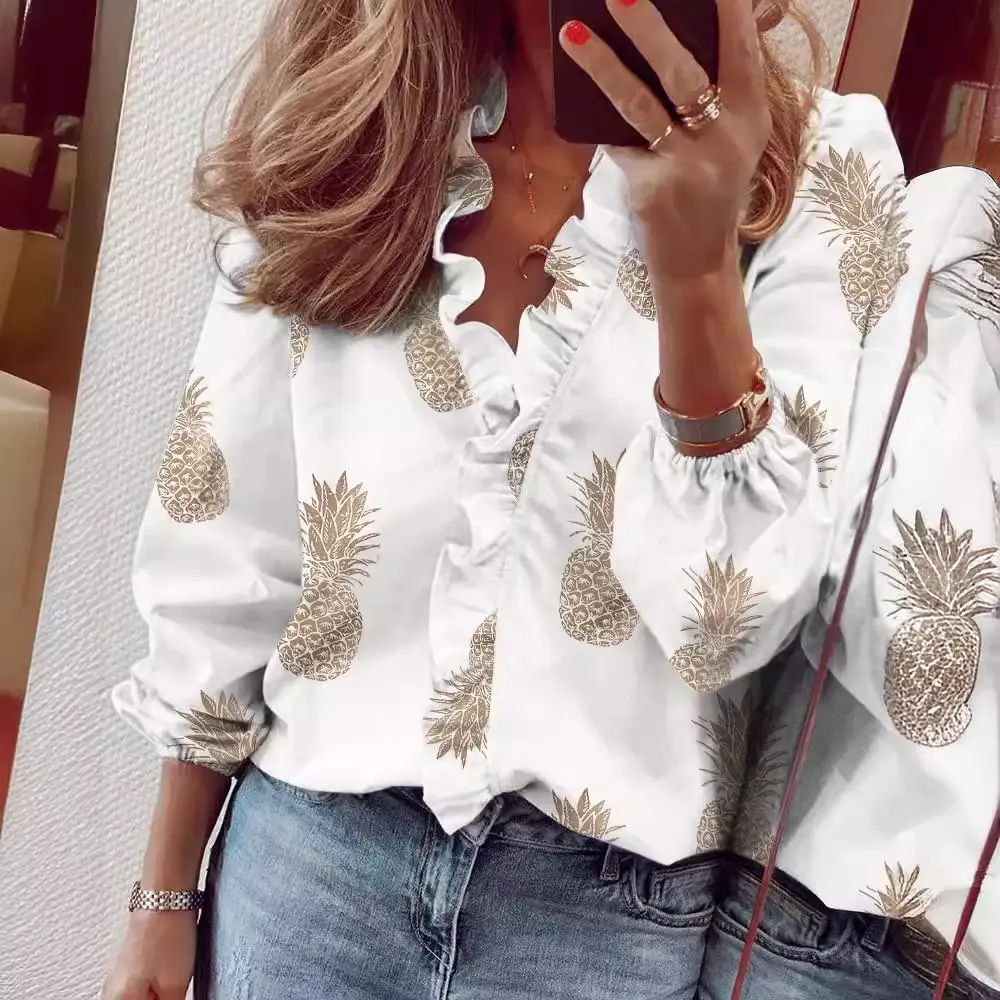 Women Ruffled Long Sleeve Pink Floral Shirt - Image 26