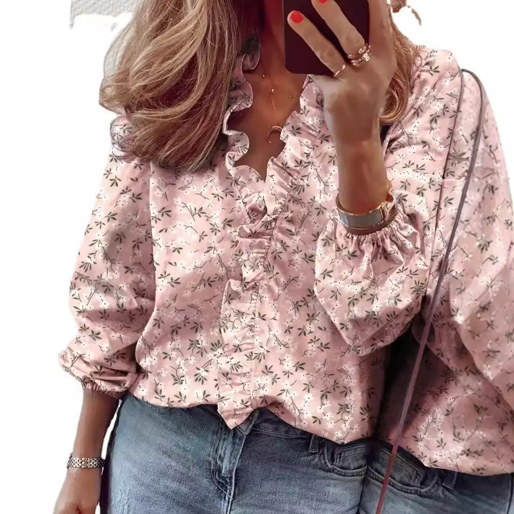 Women Ruffled Long Sleeve Pink Floral Shirt - Image 27