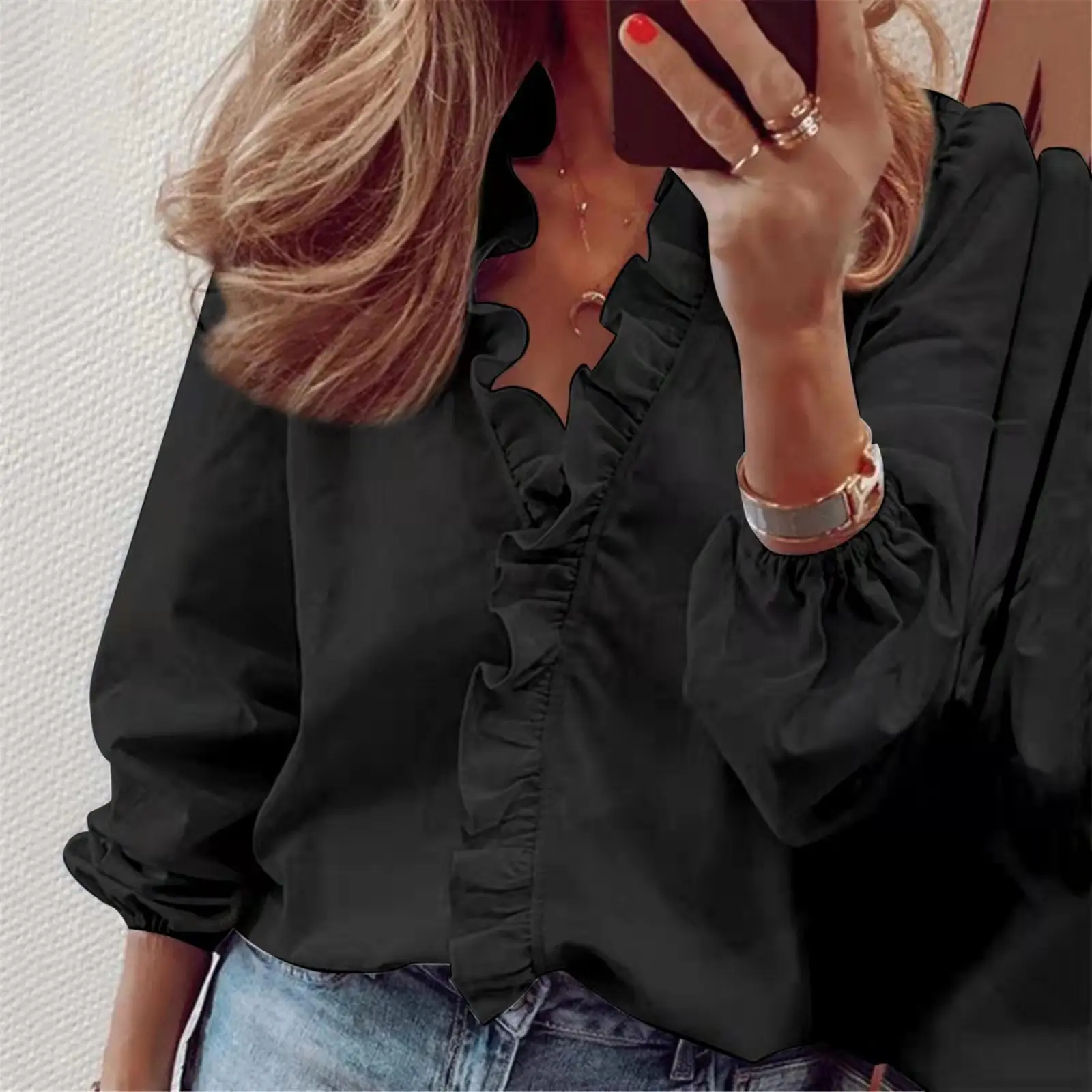 Women Ruffled Long Sleeve Pink Floral Shirt - Image 2