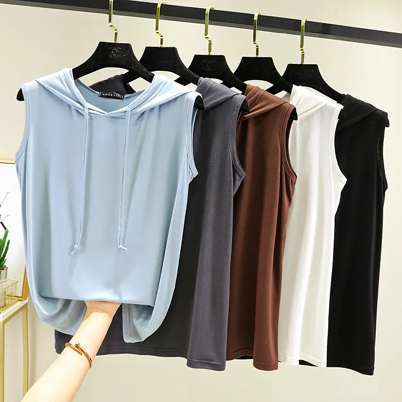 Women's 2023 Sleeveless Hooded T-Shirt Modal Black - Image 10