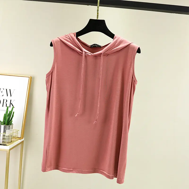 Women's 2023 Sleeveless Hooded T-Shirt Modal Black - Image 11