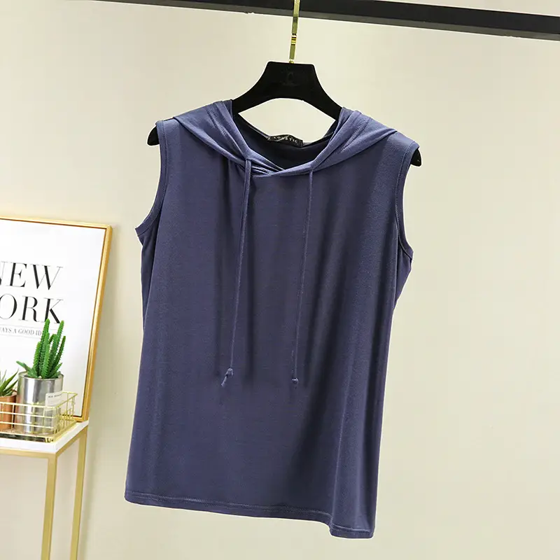 Women's 2023 Sleeveless Hooded T-Shirt Modal Black - Image 12