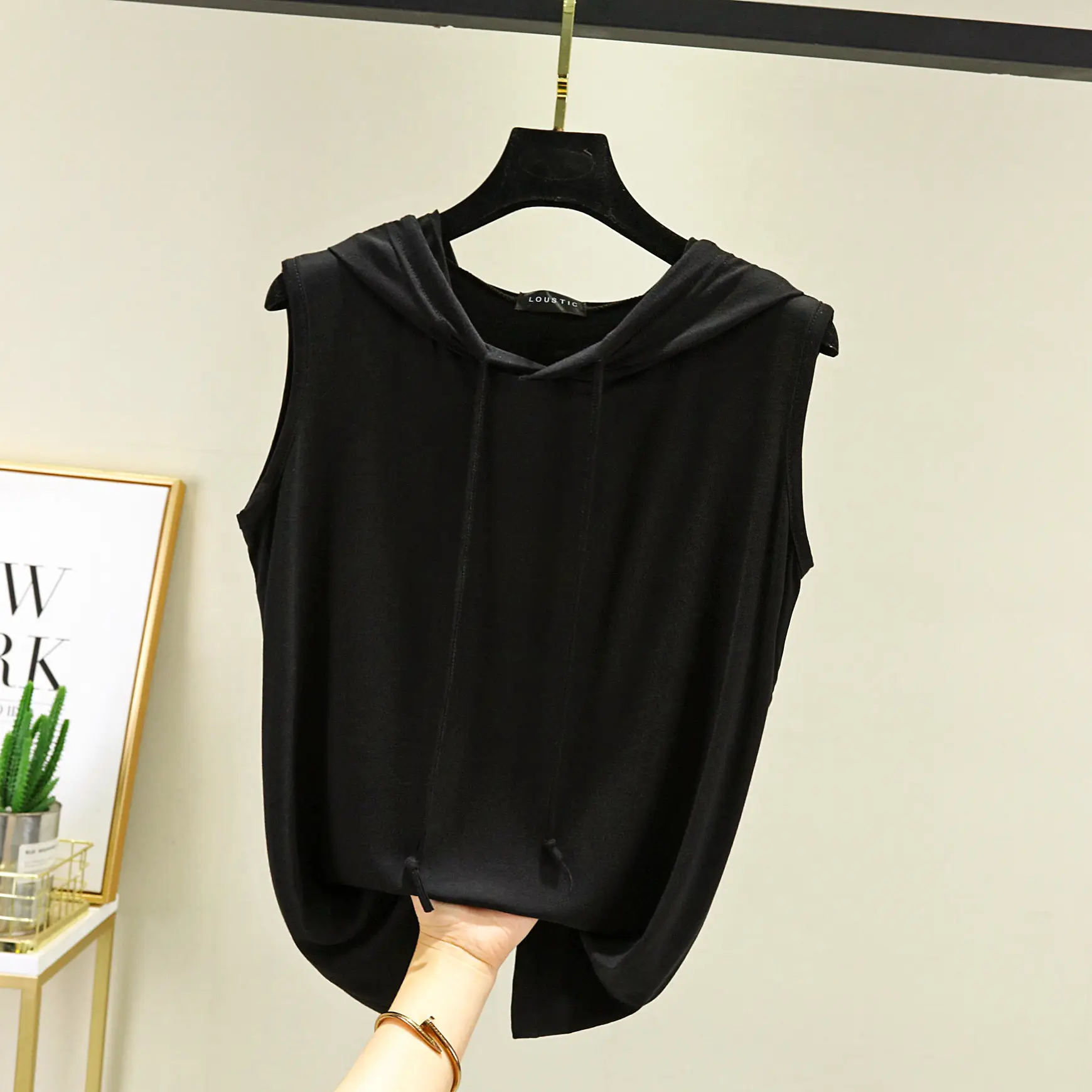 Women's 2023 Sleeveless Hooded T-Shirt Modal Black - Image 2