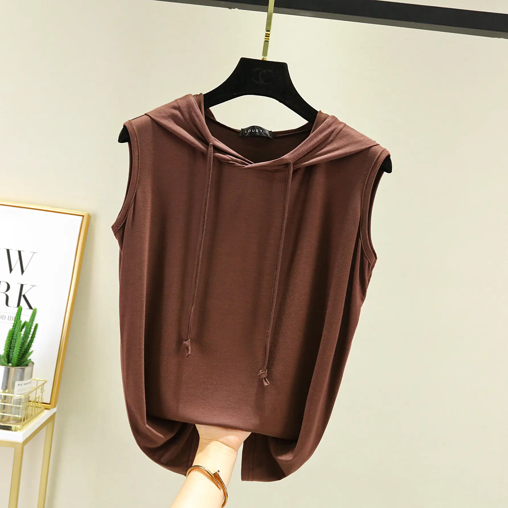 Women's 2023 Sleeveless Hooded T-Shirt Modal Black - Image 8