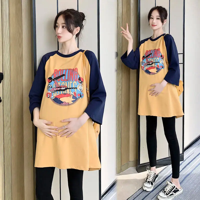 Pregnant Women's Pink Yellow Graphic T-Shirt Mid-Length Loose Fit - Image 8