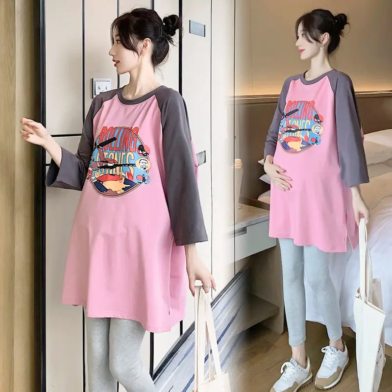 Pregnant Women's Pink Yellow Graphic T-Shirt Mid-Length Loose Fit - Image 9