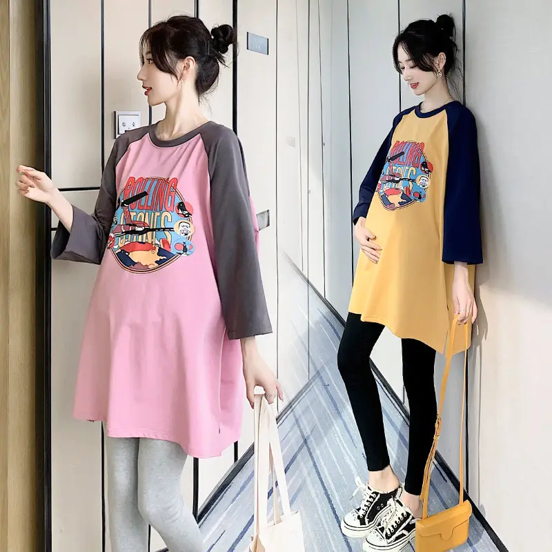Pregnant Women's Pink Yellow Graphic T-Shirt Mid-Length Loose Fit - Image 10