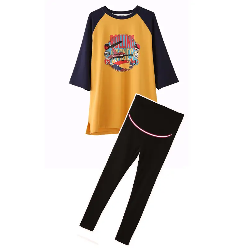 Pregnant Women's Pink Yellow Graphic T-Shirt Mid-Length Loose Fit - Image 11
