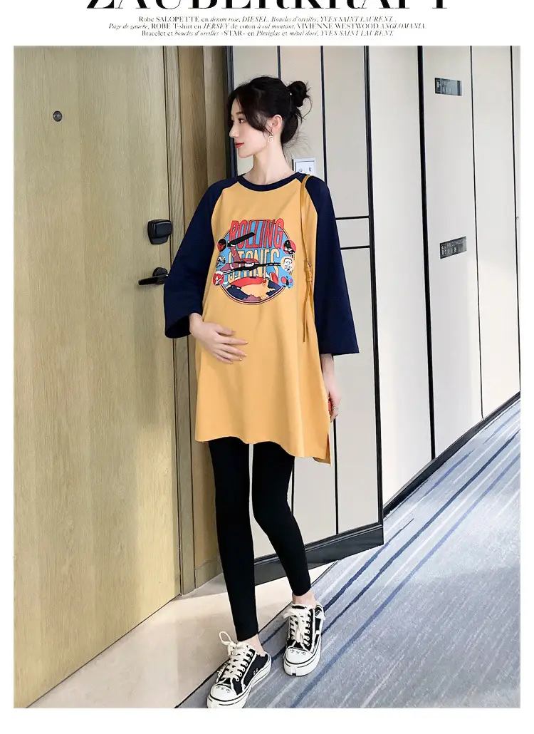 Pregnant Women's Pink Yellow Graphic T-Shirt Mid-Length Loose Fit — feature 14
