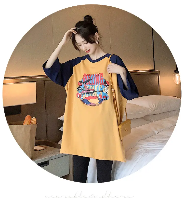 Pregnant Women's Pink Yellow Graphic T-Shirt Mid-Length Loose Fit — feature 15