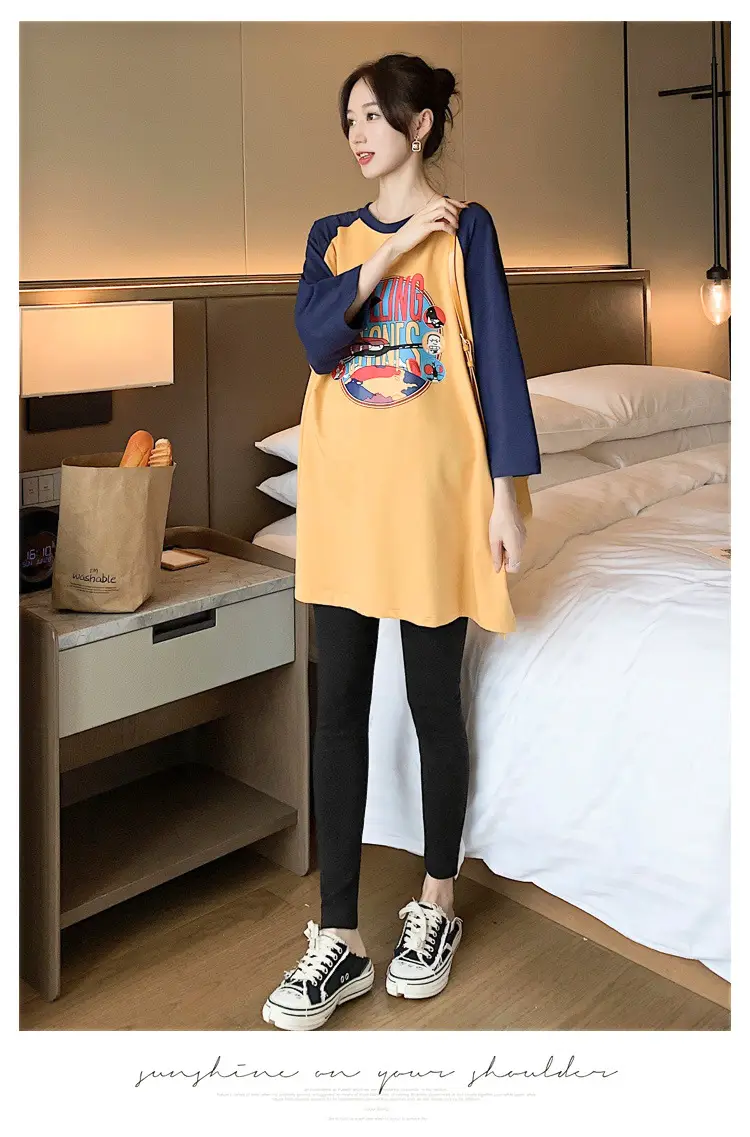 Pregnant Women's Pink Yellow Graphic T-Shirt Mid-Length Loose Fit — feature 17