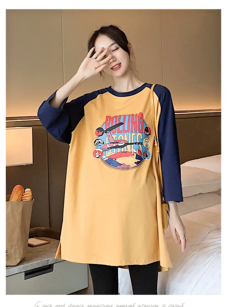 Pregnant Women's Pink Yellow Graphic T-Shirt Mid-Length Loose Fit — feature 18
