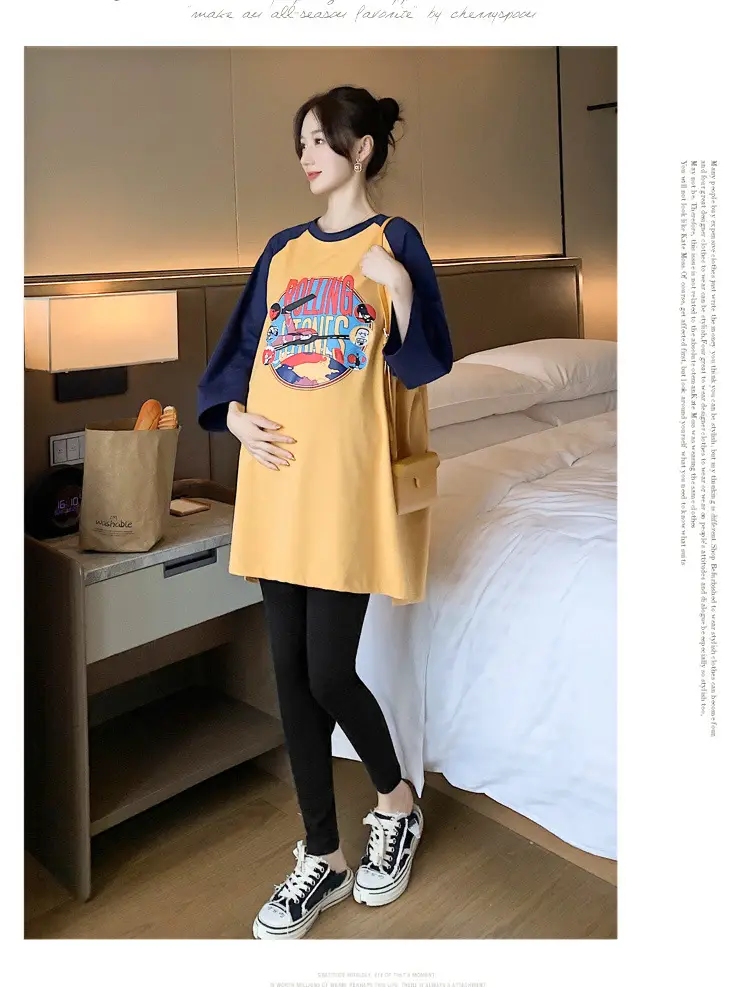 Pregnant Women's Pink Yellow Graphic T-Shirt Mid-Length Loose Fit — feature 19