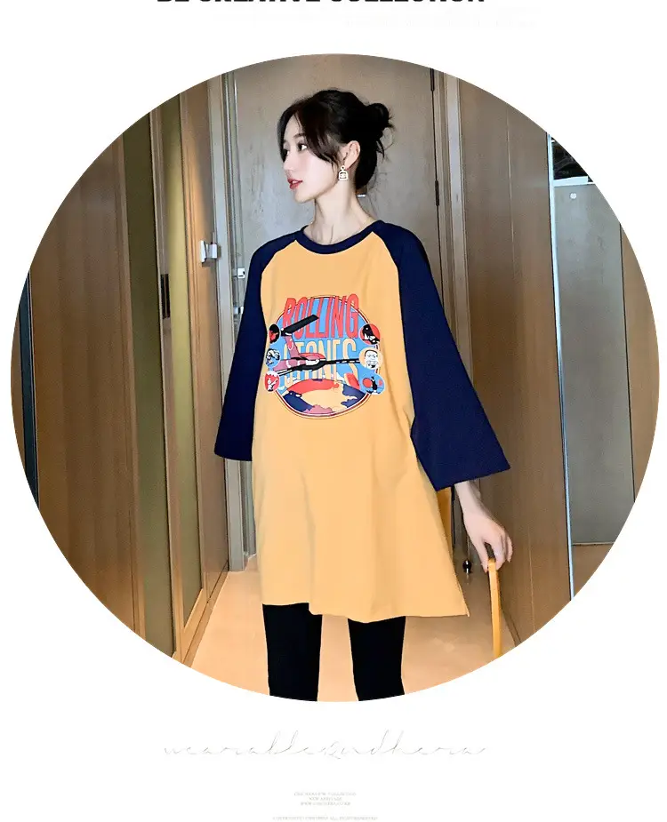 Pregnant Women's Pink Yellow Graphic T-Shirt Mid-Length Loose Fit — feature 21