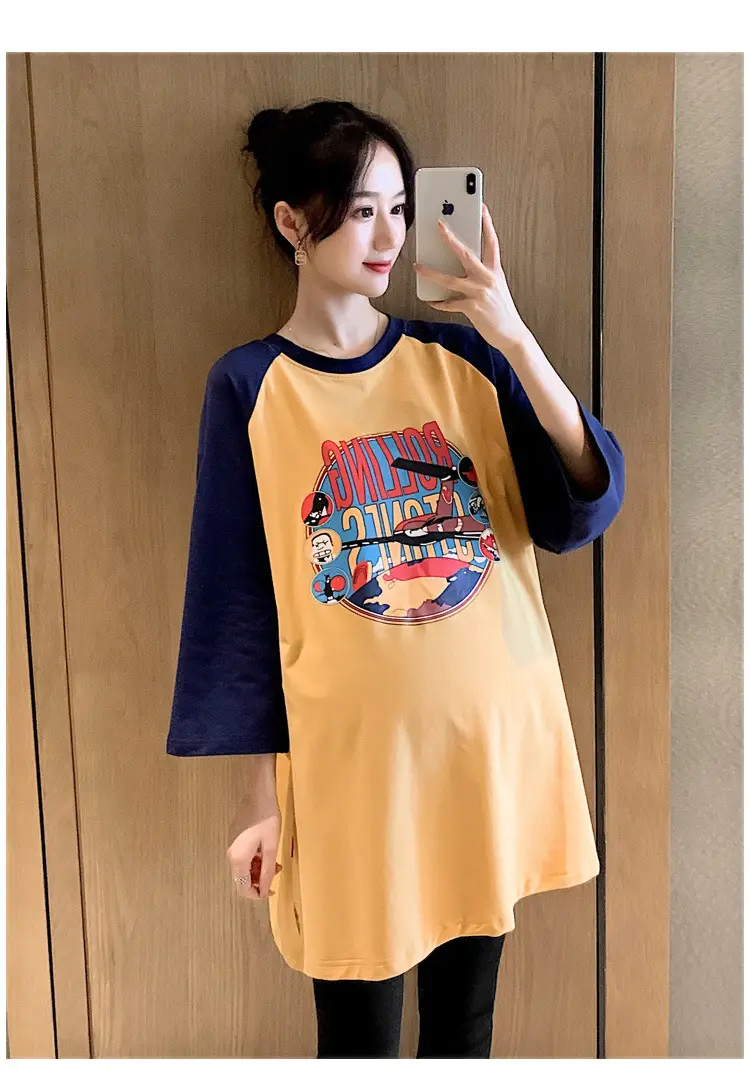 Pregnant Women's Pink Yellow Graphic T-Shirt Mid-Length Loose Fit — feature 24